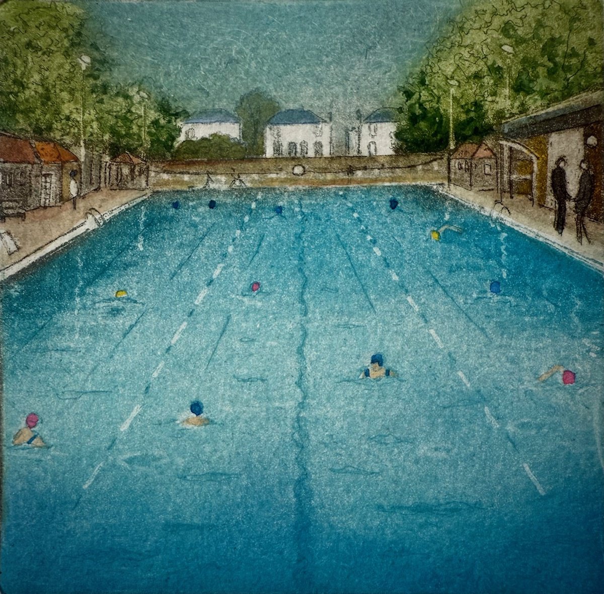 Illustrative Landscape Etchings & Engravings By Rebecca Denton, 7 X 7", London Fields Lido, Mini Ii, Original Artwork