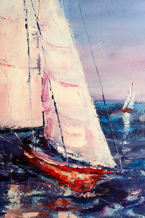 "Red sailboat" Yachts, ships, seascape