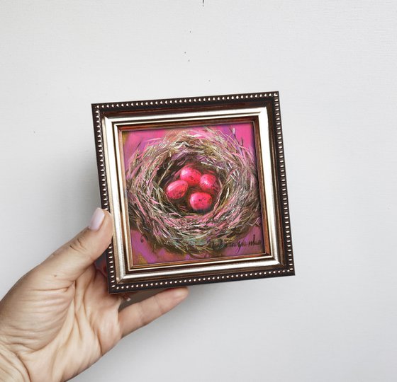 Pink eggs Bird nest painting original 4x4, Bird egg artwork mini Nest wall art framed, Christmas Gift for mother