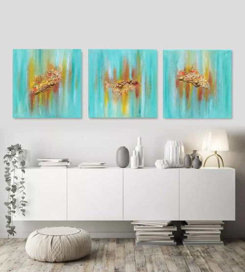 Turquoise Wall Art Triptych, Original Paintings, Hand-painted, Rich Textures, Seascape, Shells, Abstract Art, Ready to Hang - ''Maldivian Memories'' by Julia Apostolova