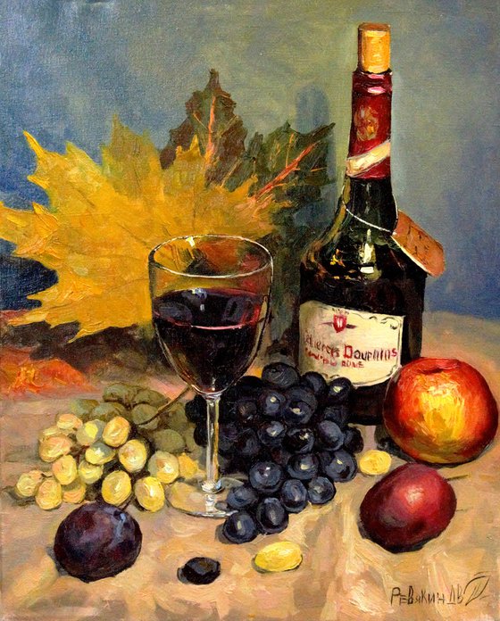 Bright still life with wine. Original painting