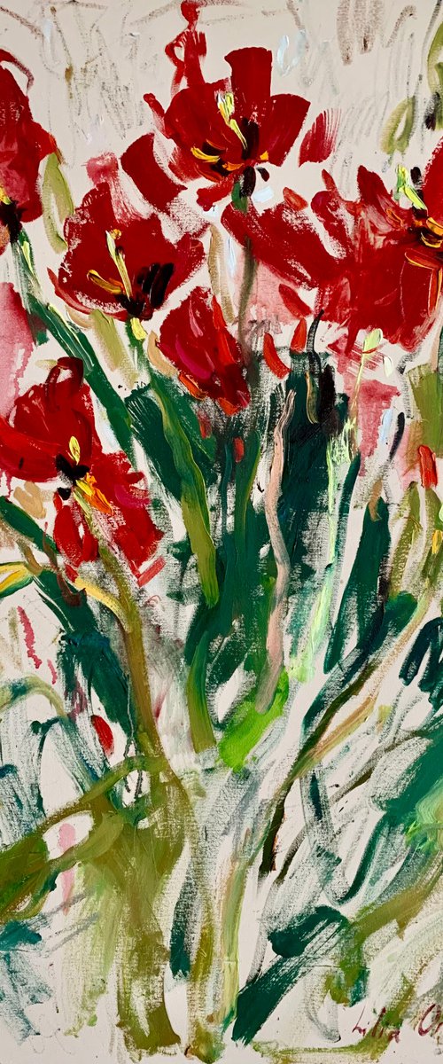 Red tulips. by Lilia Orlova-Holmes