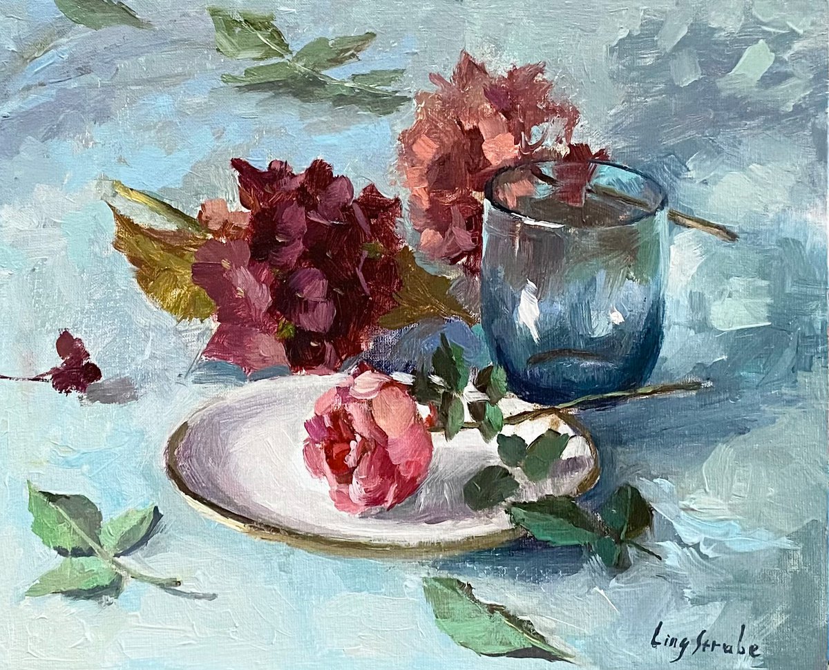 Rose and Hydrangeas Still Life #5 by Ling Strube