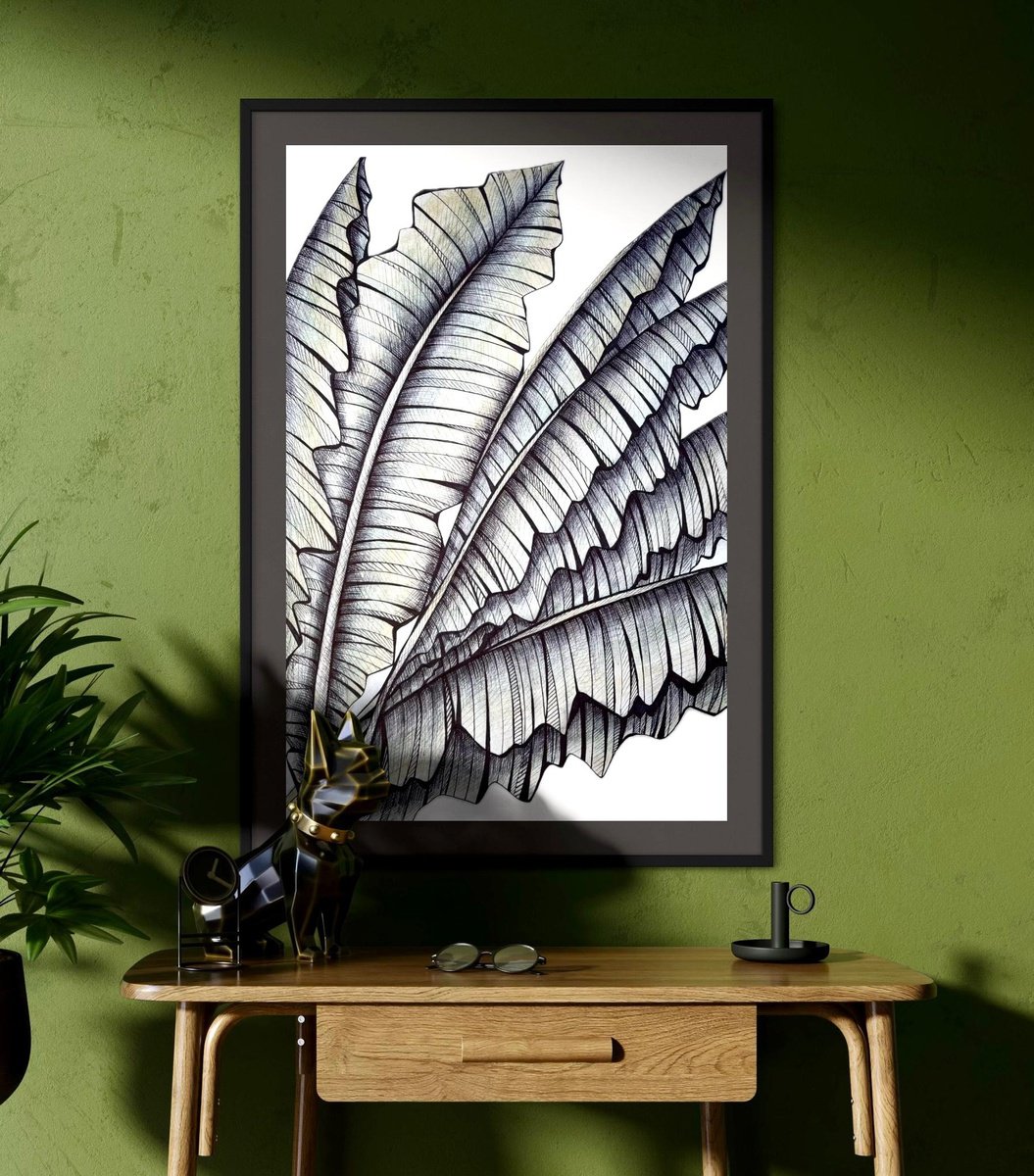 Illustrative Botanical Ink Drawing By Maria Tuzhilkina, 11 X 17", Banana Leaves Drawing, Original Artwork
