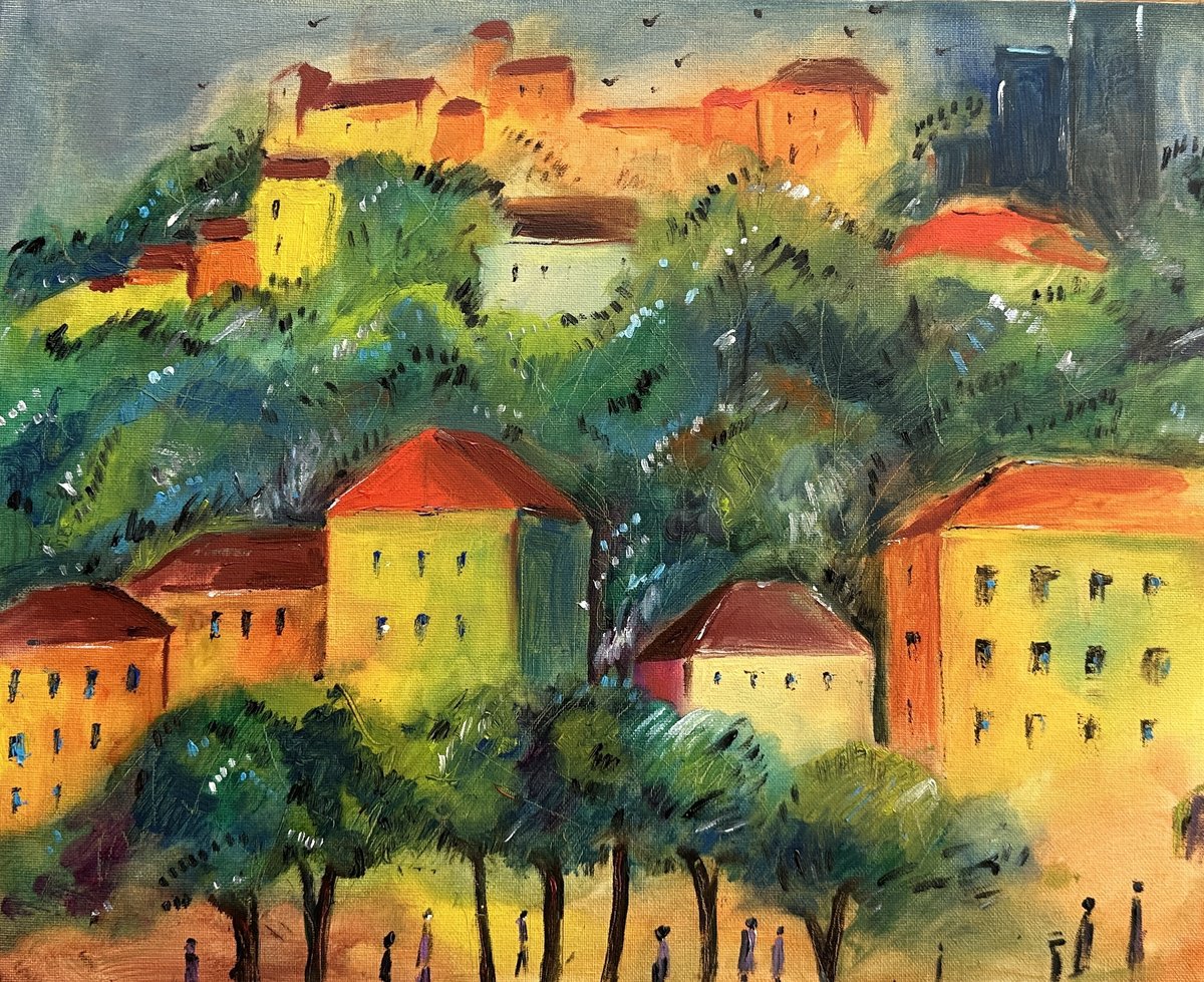 Impressionistic Cityscapes Oil Painting By Irina Anis, 20 X 16, City In The Sunset Glow, Original Artwork