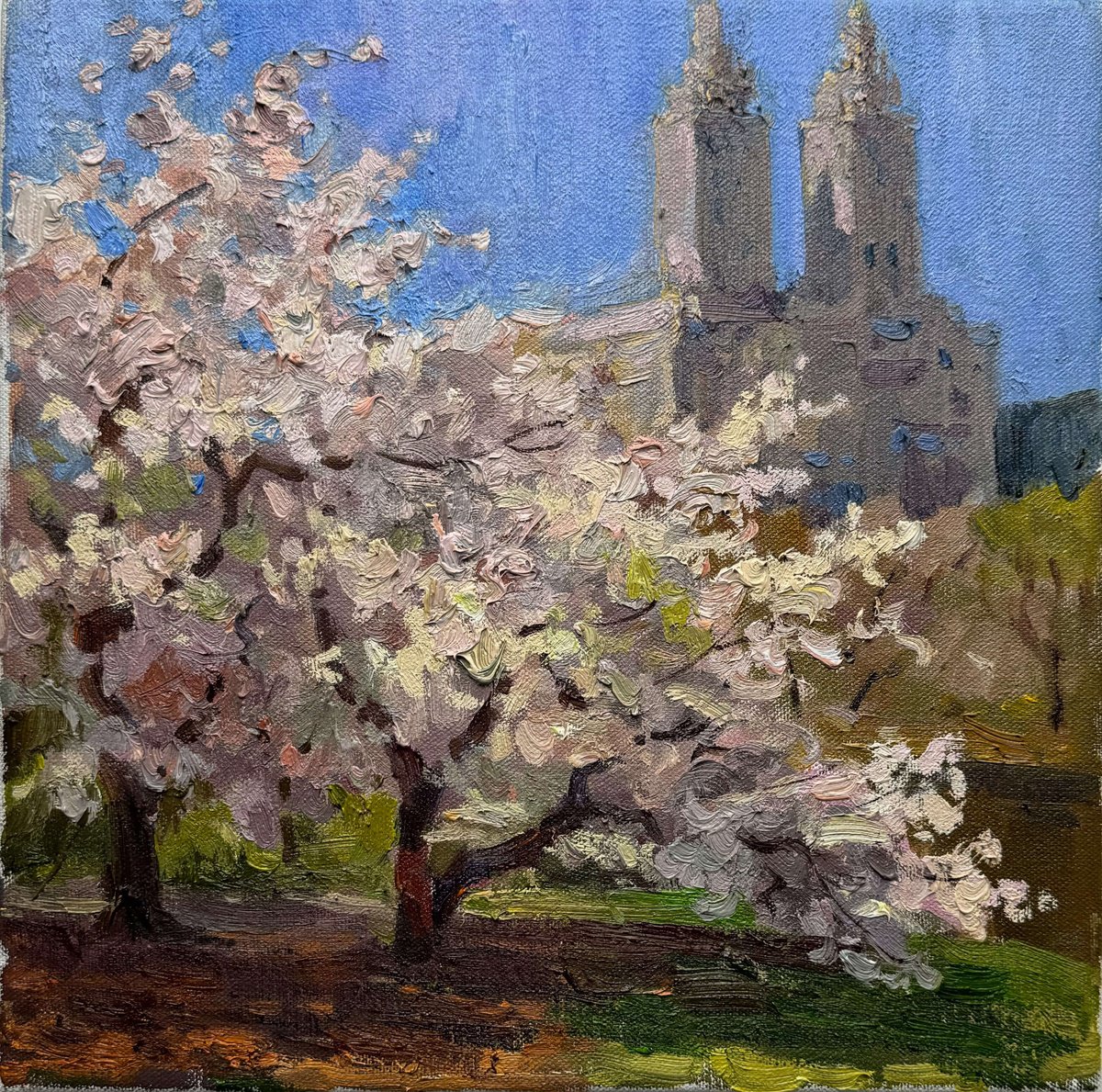 Impressionistic Botanical Oil Painting By Nataliia Nosyk, 12 X 12", Blossom In New York City, Original Artwork