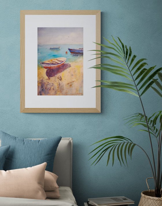 A walk on the Lanzarote shore | Original watercolor painting (2019) Hand-painted Art Small Artist | Mediterranean Europe Impressionistic