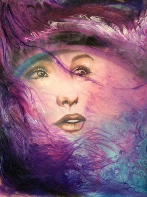 "Purple wind ", Contemporary resin  painting on  board, 60x80x1,2cm, ready to hang by Elena Kraft