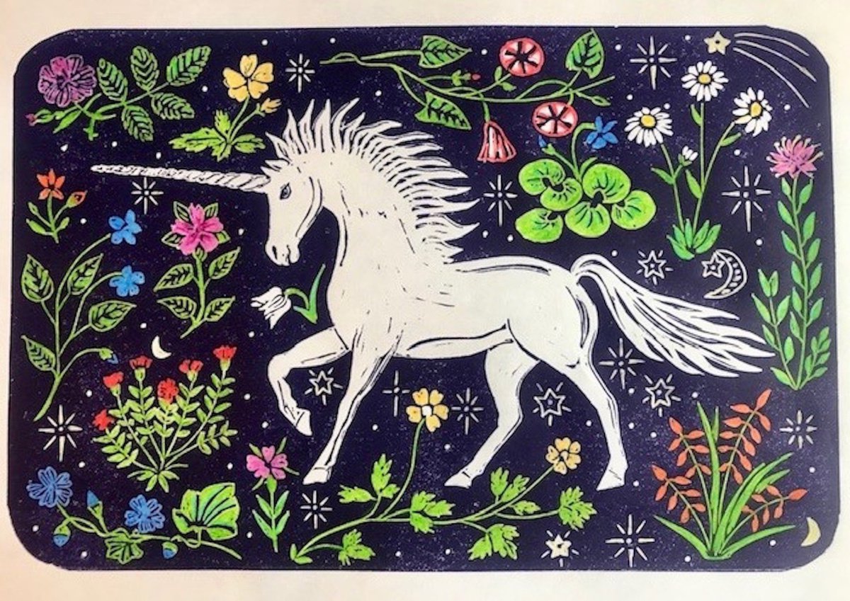Illustrative Animal Linocut By Kate Willows, 15 X 11", Millefleurs Unicorn, Original Artwork