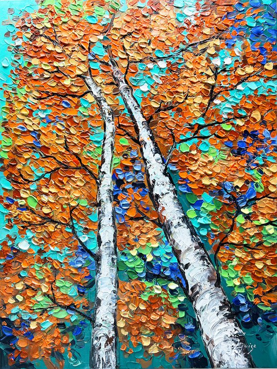 Entwined - 3D Textured Fall Gold Birch Trees Landscape Painting on Canvas, Original Abstract Nature Textured Tree Painting - SIZE: 24 X 32 INCHES (60 X 80 CM)