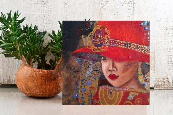 Monique, Woman Portrait Painting Original Girl in the Red Hat Wall Art Female Art Nouveau Style Artwork