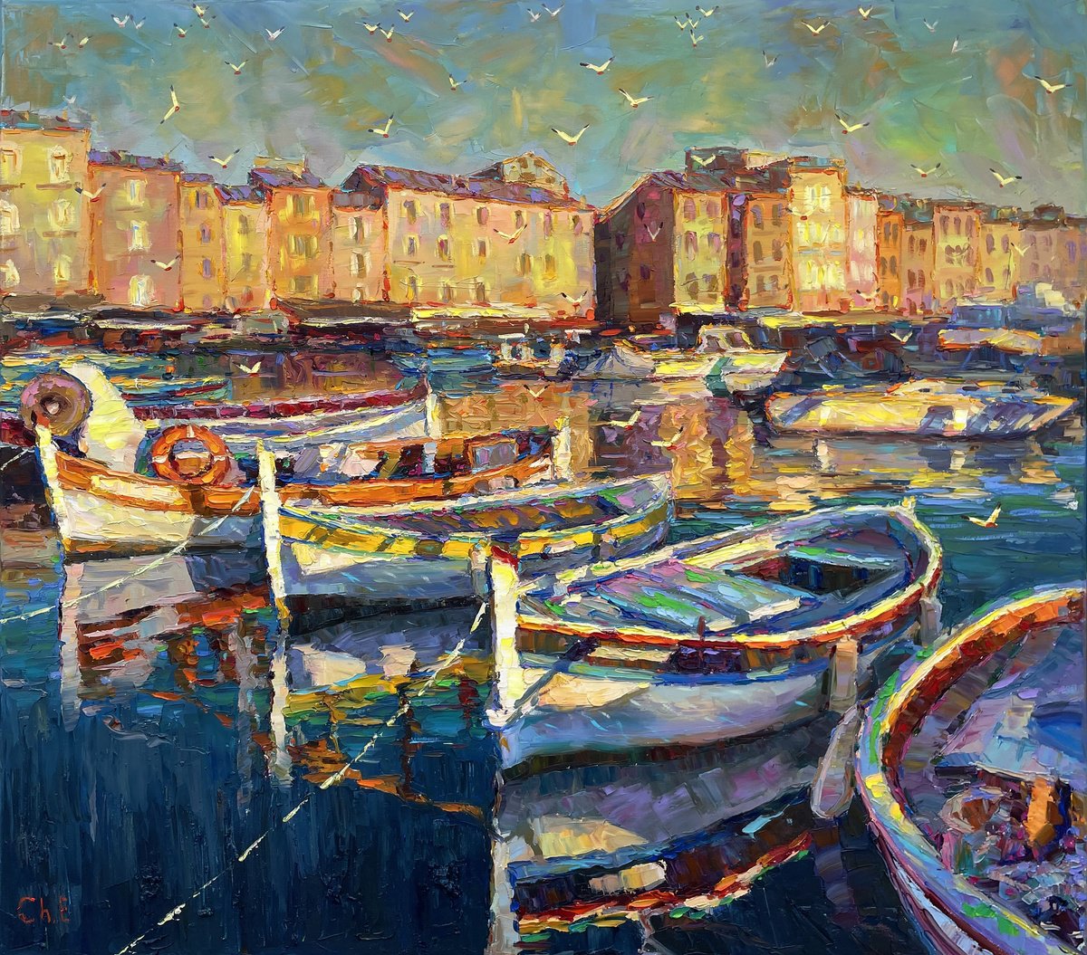 Boats At The Pier By Evgeny Chernyakovsky, 35 X 31, Artwork For Sale On Artfinder