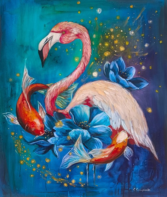 Flamingo and Koi fishes