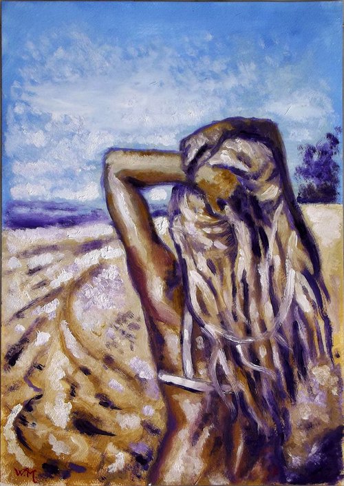 SEASIDE GIRL - GIRL WATCHING THE HORIZON - Oil painting (30x42cm) by Wadih Maalouf