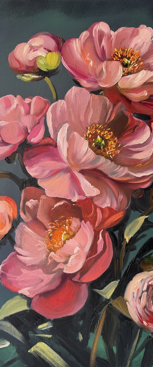 Dramatic Pink Peonies on Dark Teal by Olena Hromova