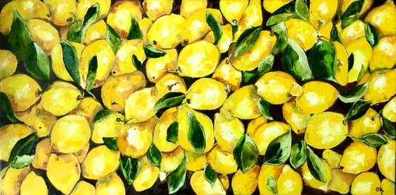 Lemons, oil painting, still life. Palette knife painting on canvas. Size 112x56 cm.