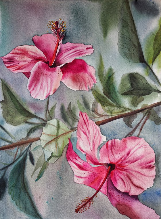 Pink hibiscus - original watercolor on silver pearl background