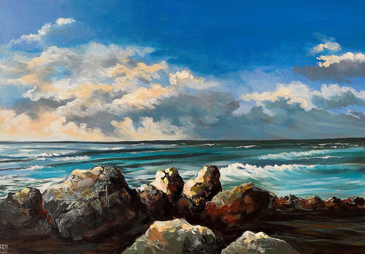 Impressionistic Landscape Acrylic Painting By Maria Kireev, 20 X 14", Haifa View, Original Artwork