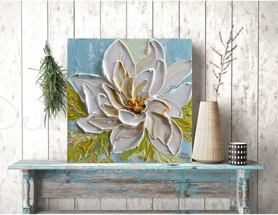 Magnolia - White Flower Palette Knife Painting, Impasto Floral Art, Textured Spring Flowers