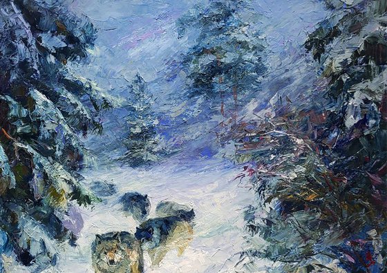 Wolf Pack In The Winter Forest