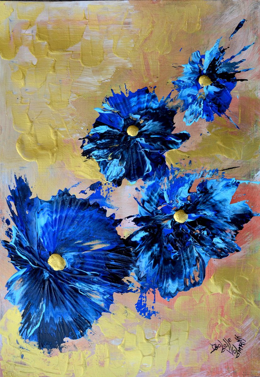 Blue -gold- copper flowers - FREE SHIPPING - palette knife - HOME DECORATION by Isabelle Vobmann