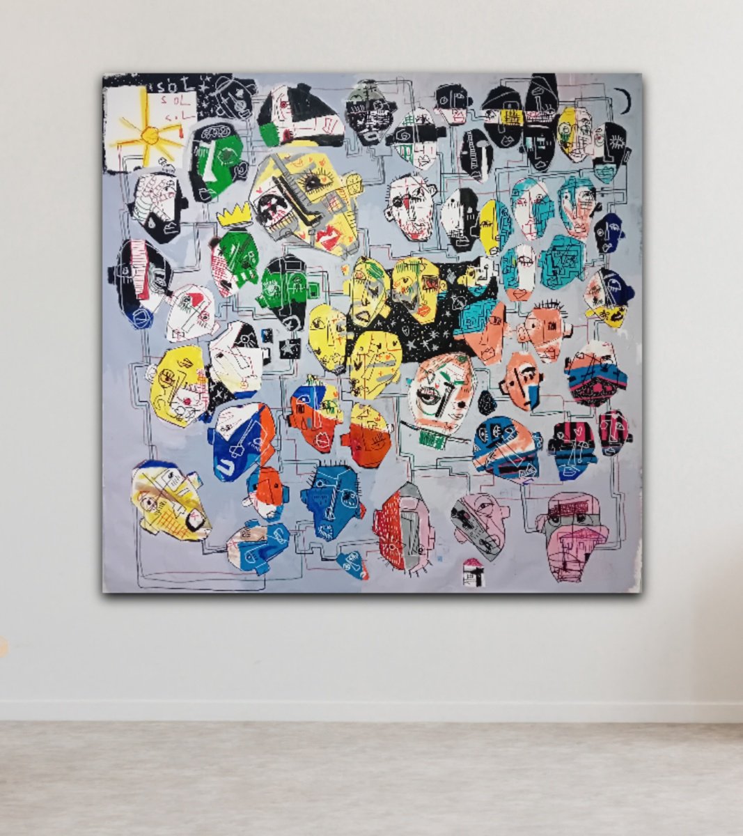 Abstract Portrait Acrylic Painting By Dimitris Pavlopoulos, 61 X 61, Circuit Faces, Original Artwork