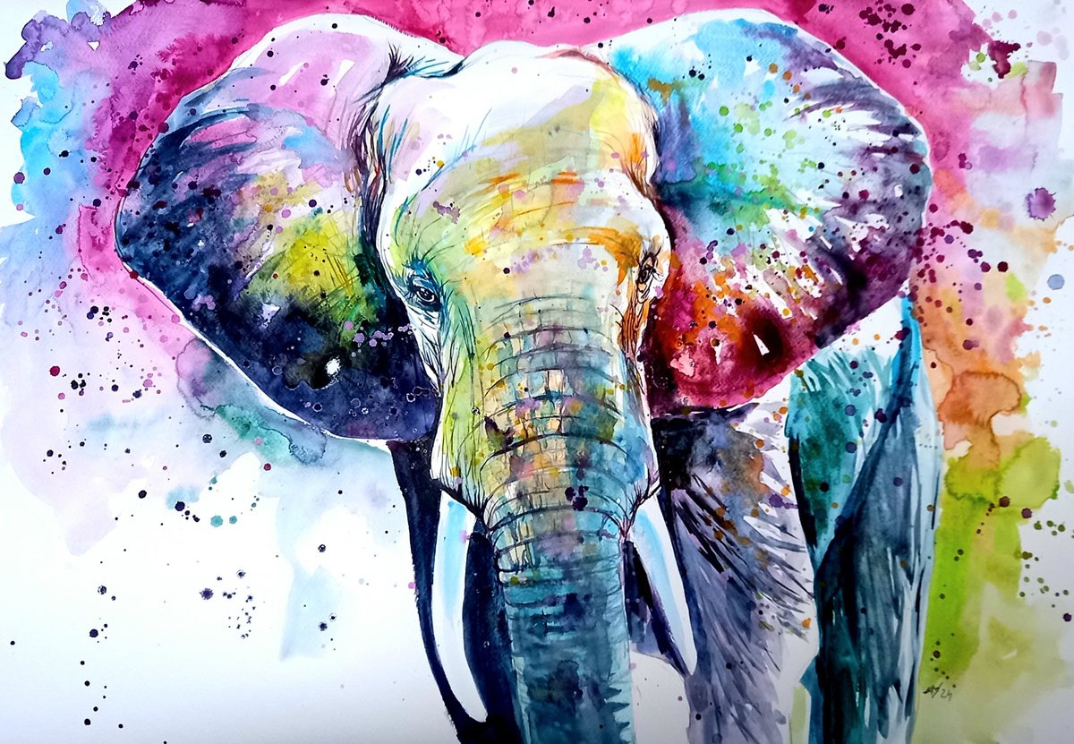 Impressionistic Watercolour , Beautiful Majestic Elephant By Kovacs Anna Brigitta, 28 X 20, Artwork For Sale On Artfinder
