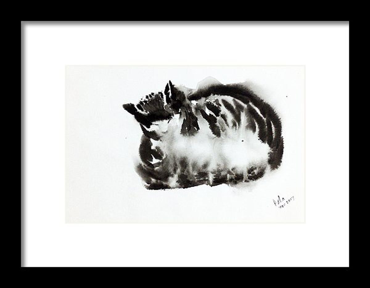 Impressionistic Animal Drawing By Asha Shenoy, 14 X 10, Cat Caught Napping, Original Artwork