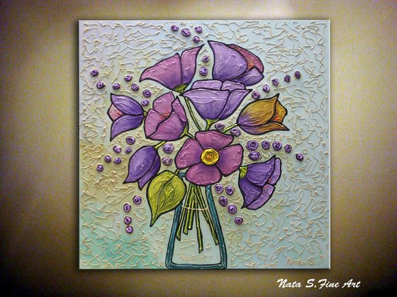 Purple Tulips Painting, Bouquet of Flowers, Modern Textured Floral Art