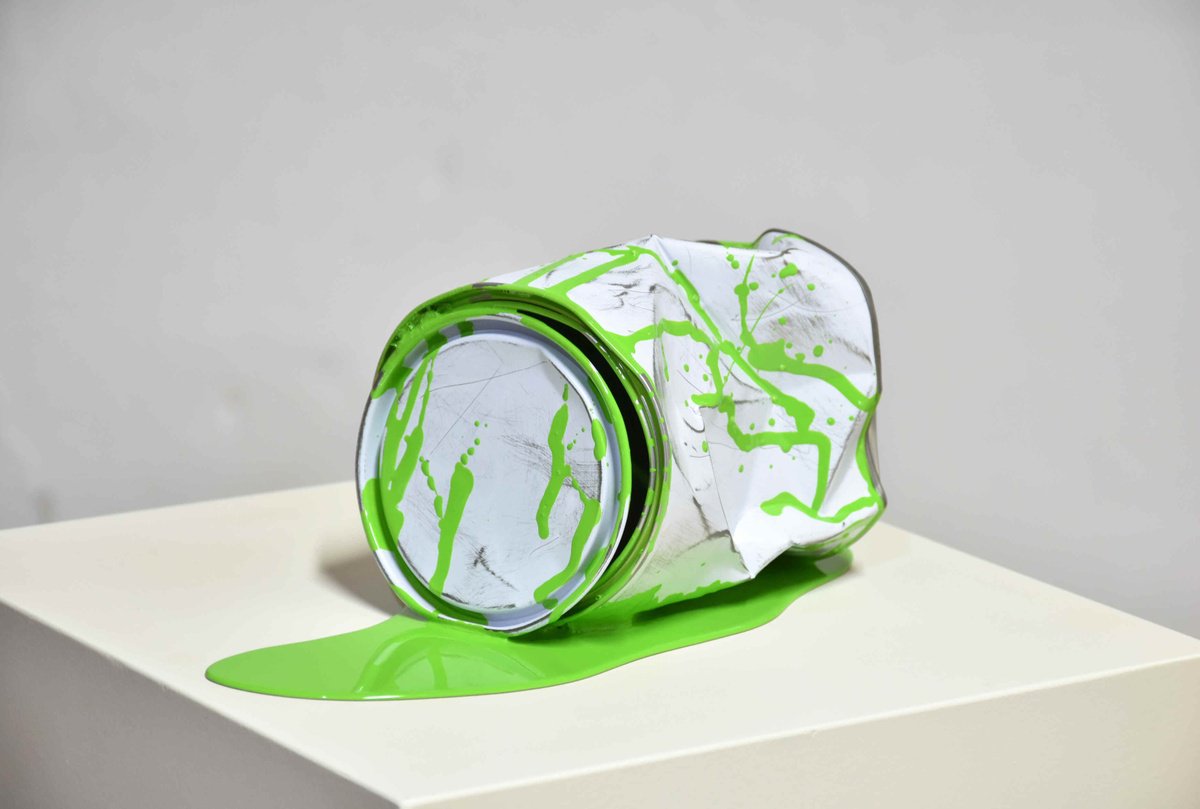 Urban And Pop Cityscapes Sculpture By Yannick Bouillault, 5 X 5", Le Vieux Pot De Peinture Vert, Original Artwork