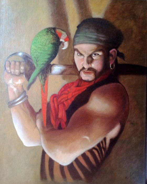 Pirate With Parrot - original oil painting