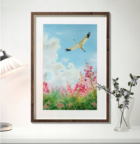 Flying Crane Bird -  watercolor landscape - Snow Crane -  whooping crane - fireweed blossoms