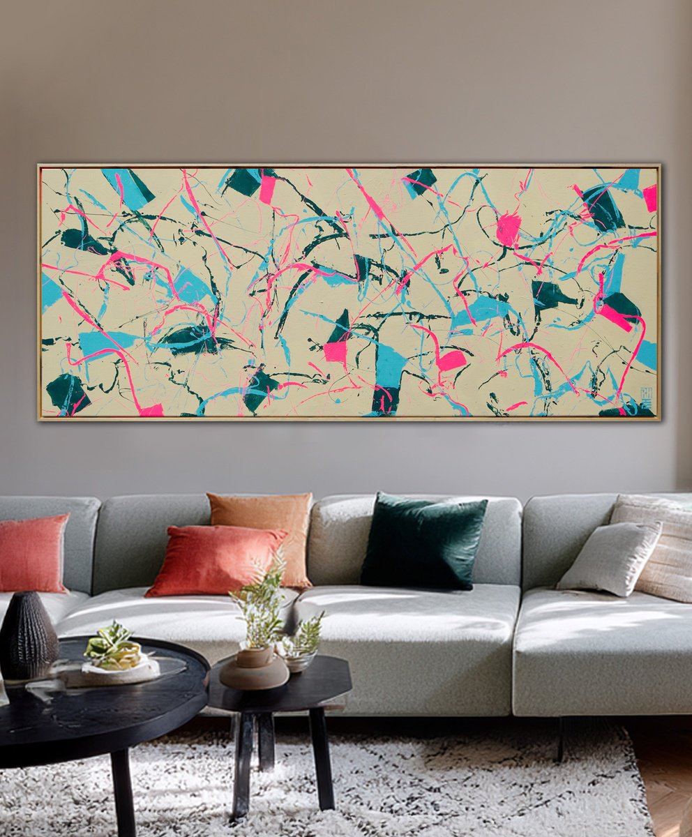 Abstract Acrylic Painting By Ronald Hunter, 59 X 24", Fragmenst Of Joy In Pink, Original Artwork