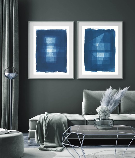 Blue living room art wall