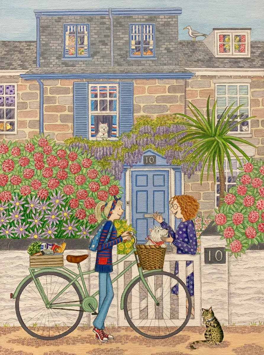 Naive Portrait Acrylic Painting By Lisa Davies, 14 X 18", Neighbourly Natter, Original Artwork