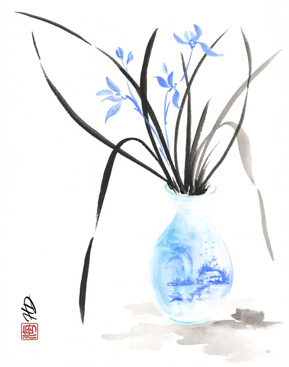 Original Watercolour - Blue Orchid Serenity by Hai Doan