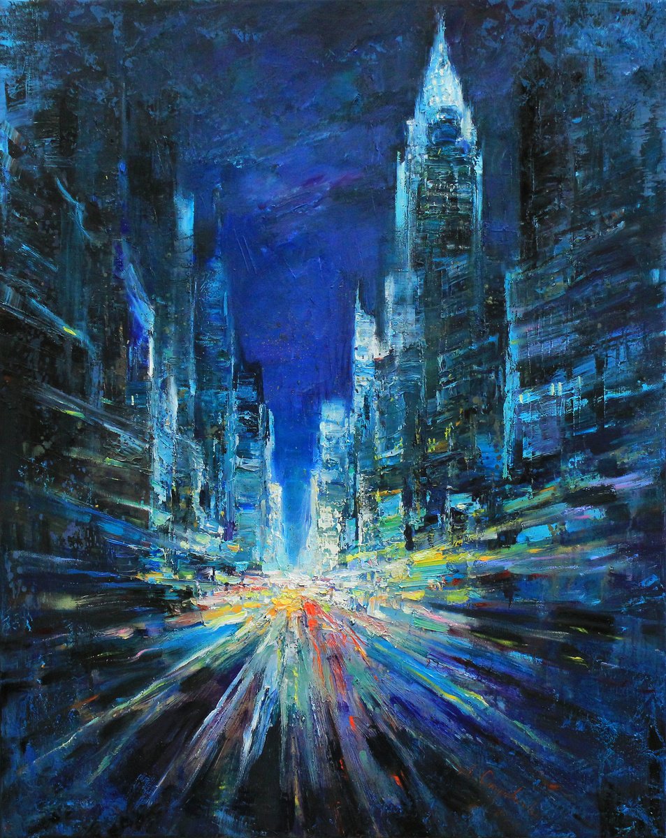 Impressionistic Cityscapes Oil Painting By Alisa Onipchenko-Cherniakovska, 31 X 39, Street Lights In New York City, Artfinder