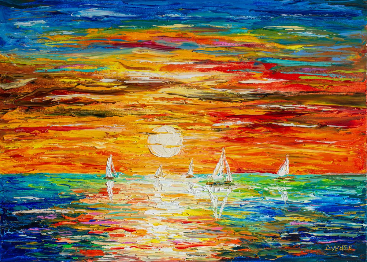 Impressionistic Landscape Oil Painting By Vladyslav Durniev, 28 X 20", Regatta On Sunset, Original Artwork