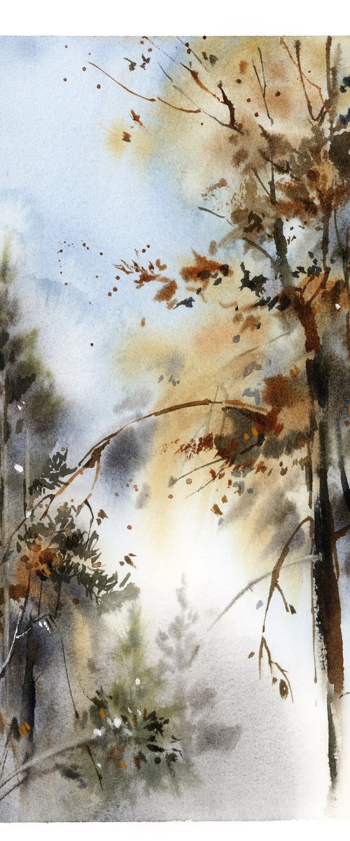 Forest Landscape Nature Watercolor Painting, Trees Painting by Sophie Rodionov