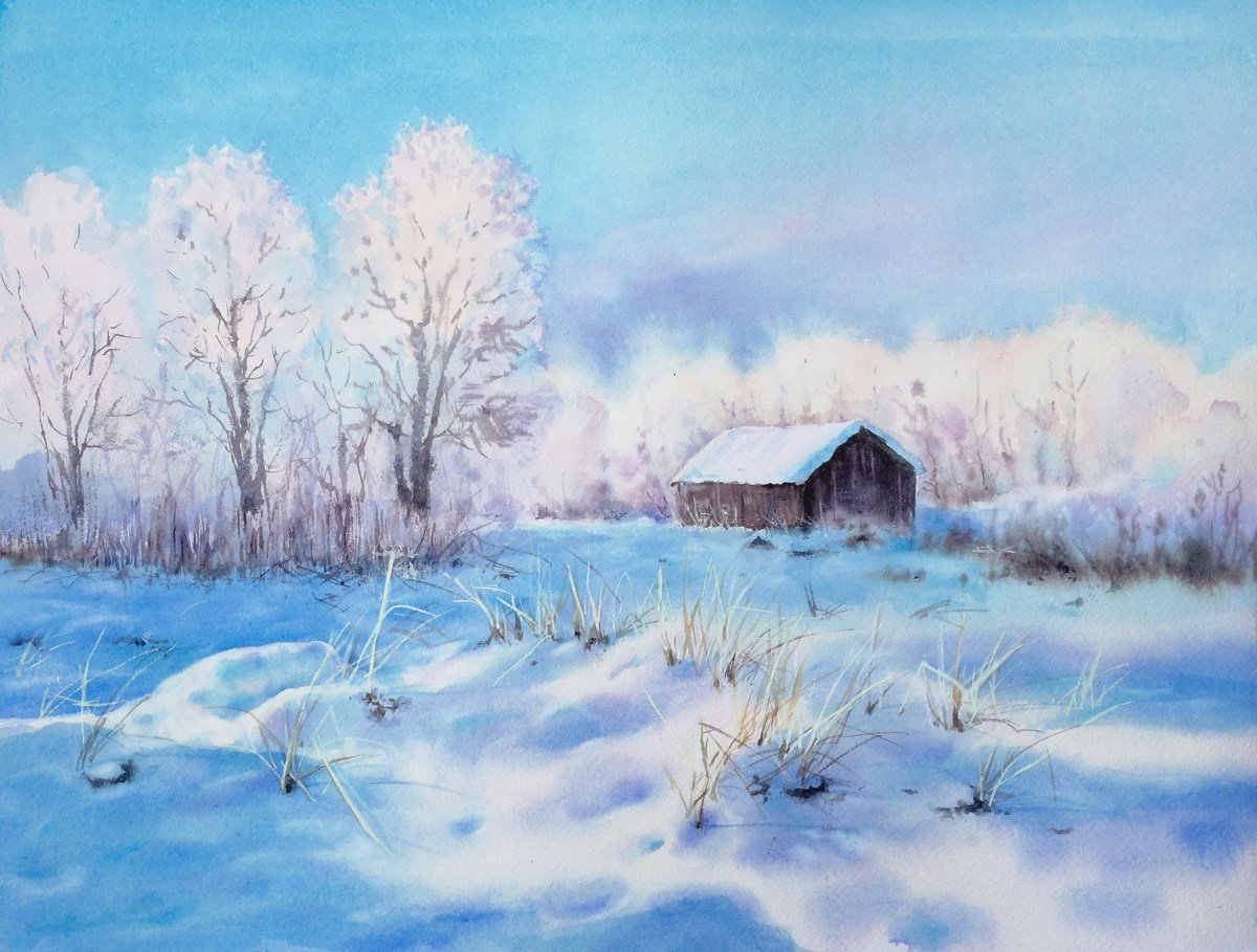 The Old Barn in Winter - Snow Scene - Winter Sunset by Olga Beliaeva Watercolour