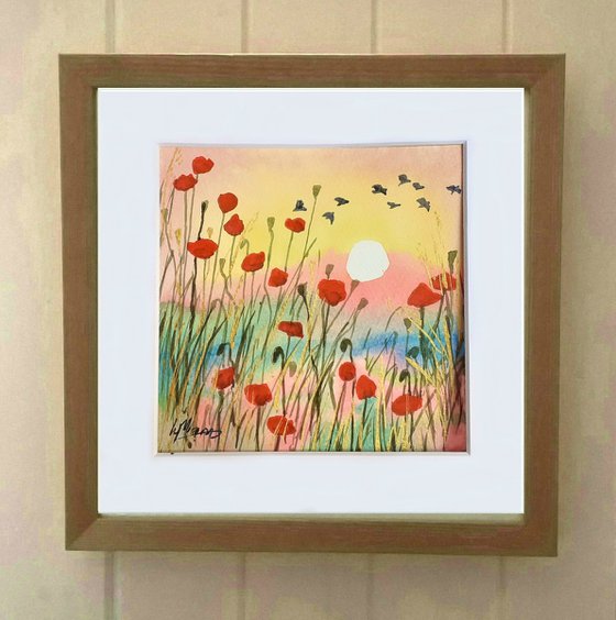 Poppies in the Sun Two - mounted watercolour, small gift idea