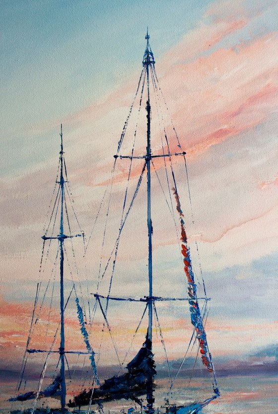 "Sailboats in the harbor" , sunrise at sea , ships , sky