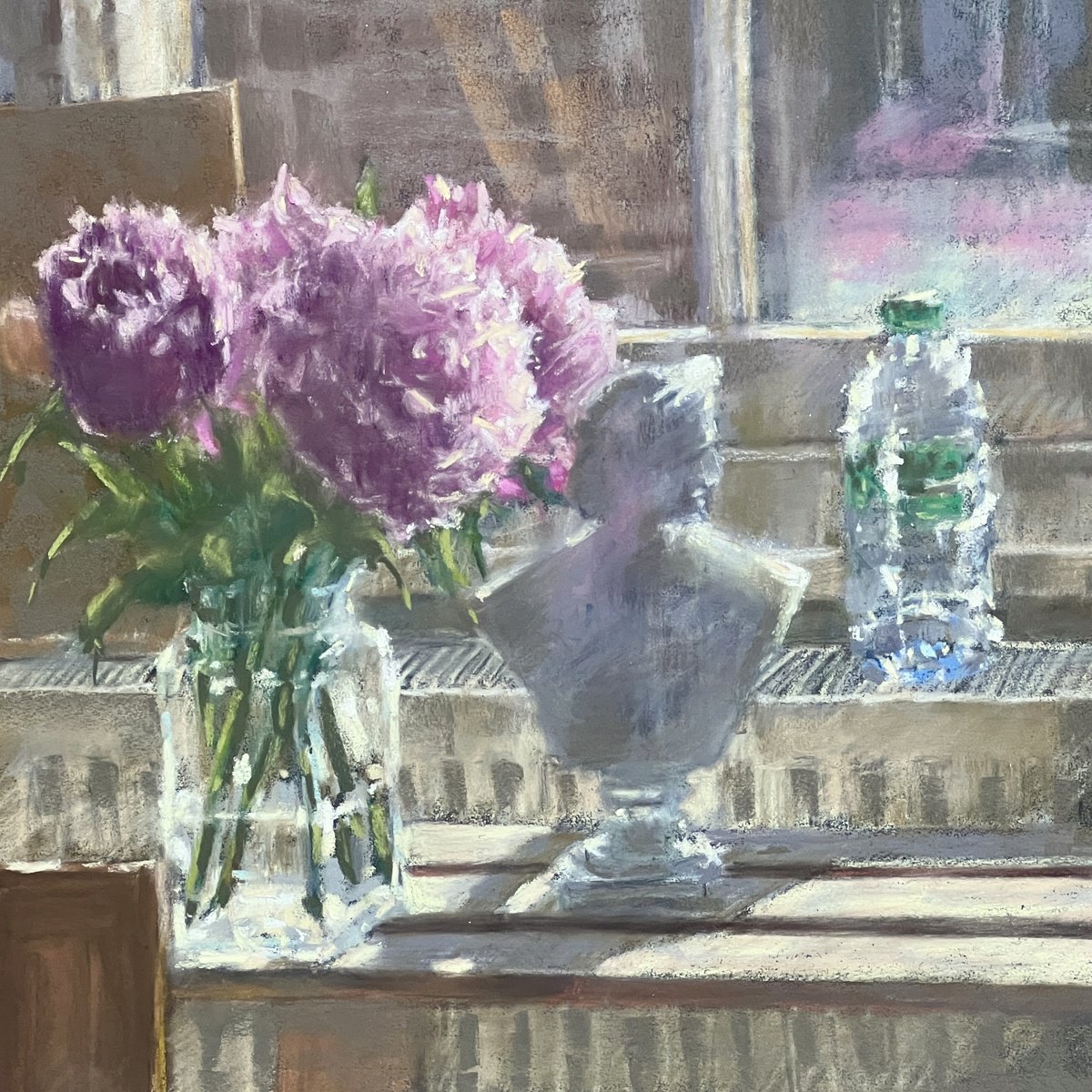 Impressionistic Botanical Pastel Drawing By Louise Gillard, 11 X 11", Peonies In The Studio, Original Artwork