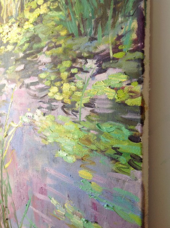Summer evening / water lilies pond  light oil painting  river lily