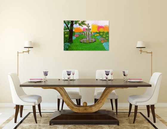 Make A Wish - large wild garden landscape; spring blossoms; wishing fountain; home, office decor; gift idea