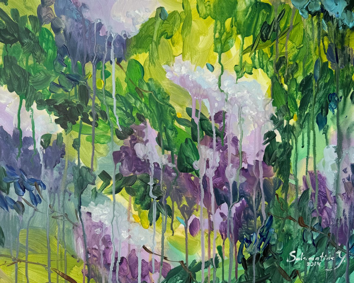 Expressive Landscape Acrylic Painting By Yevheniia Salamatina, 20 X 16", Lilac In The Sun, Original Artwork