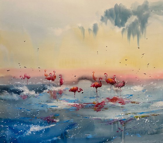 SOLD Watercolor “Flamingos Heaven” perfect gift