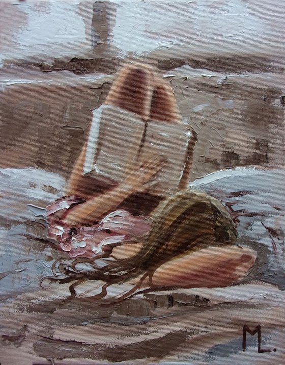 " READING IN BED " book lover original painting window autumn palette knife GIFT brown