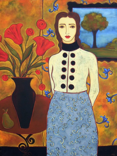 Woman with Tulips and Landscape by Karen Rieger