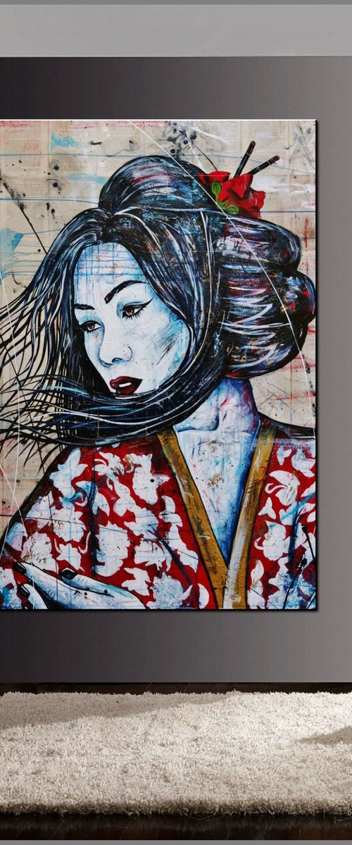 Simply Red 120cm x 150cm Japanese Geisha by Franko